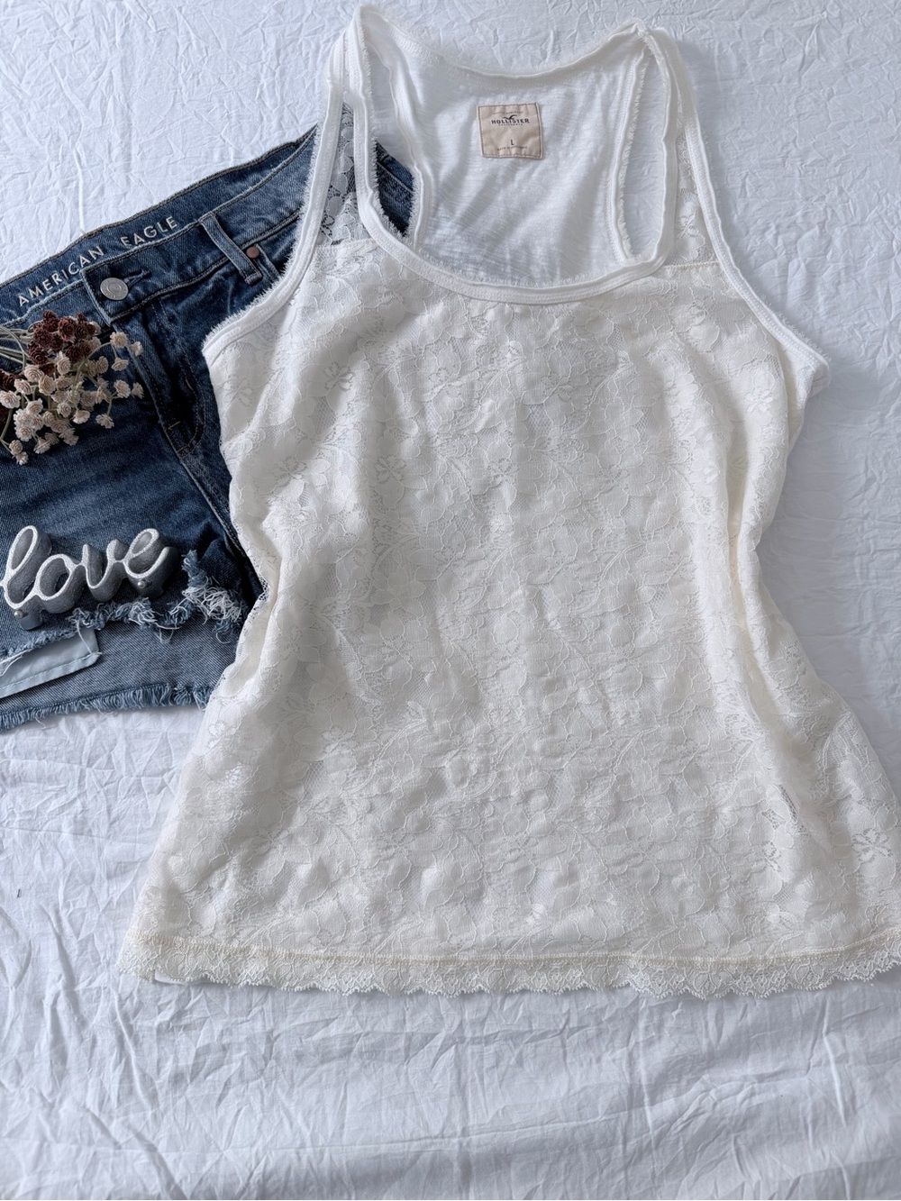 Hollister White Lace-Overlay Racerback Tank